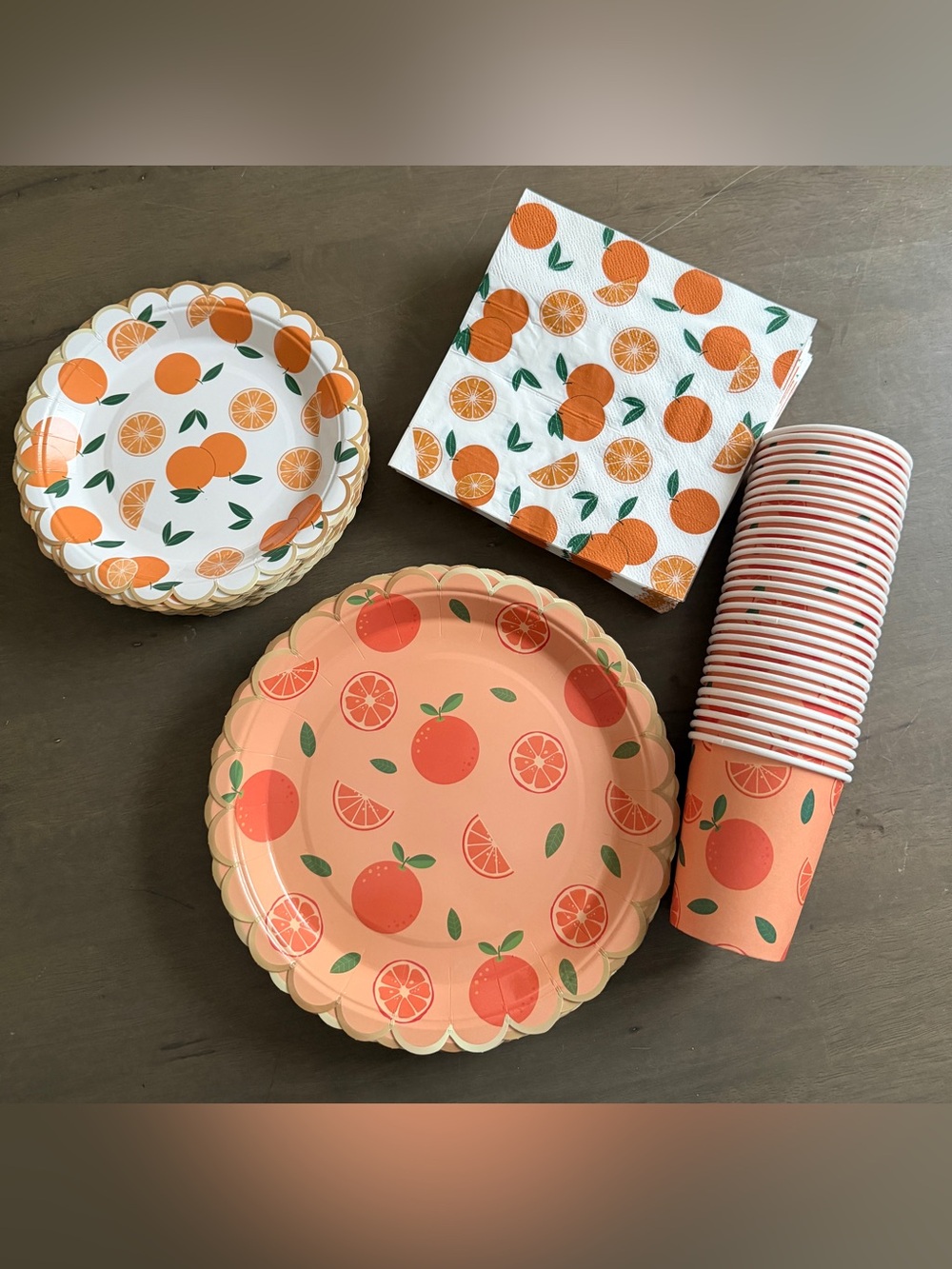 Orange Citrus Party Paper Plates, Cups & Napkins Set Scalloped Edge